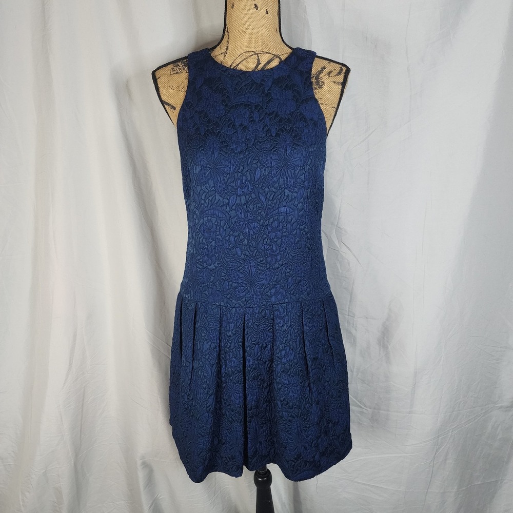 CLUB MONACO Size 4 Blue Floral Jacquard Drop Waist Pleated Mini Dress w/ Pockets